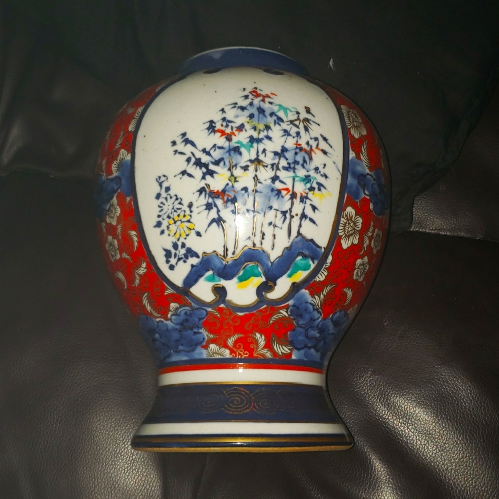 Vtg Imperial Imari Japan Blue Red Floral Gold Gild Finial Ginger Jar Urn